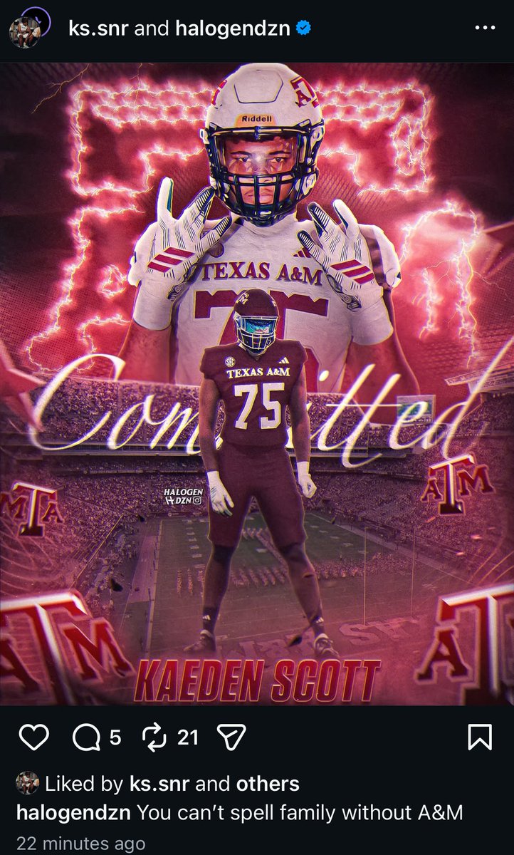 🚨🚨 Late Night Commitment 🚨🚨

Texas A&amp;M has landed a commitment from Top247 OT Kaeden Scott, he announced on Instagram.

Scott was back in College Station for a visit this weekend.

Another big-time victory for the Aggies for an in-state OL 👇

247sports.com/college/texas-… #GigEm