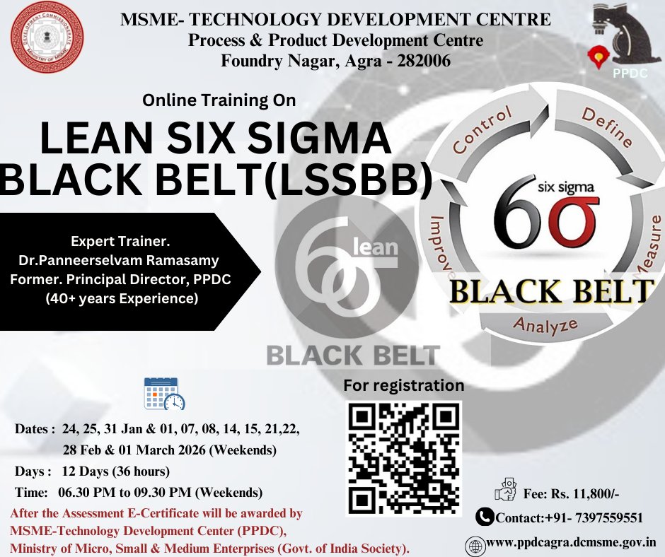 ppdcagra's tweet photo. Greetings from the Ministry of MSME, Govt. of India Society !!!

MSME Technology Development Centre (Process &amp; Product Development Centre), Agra, is organizing an Online Programme on "LEAN SIX SIGMA BLACK BELT (LSSBB)."

For Online Registration
https://t.co/JNMN92Cg0T https://t.co/BOQCgHLAXb