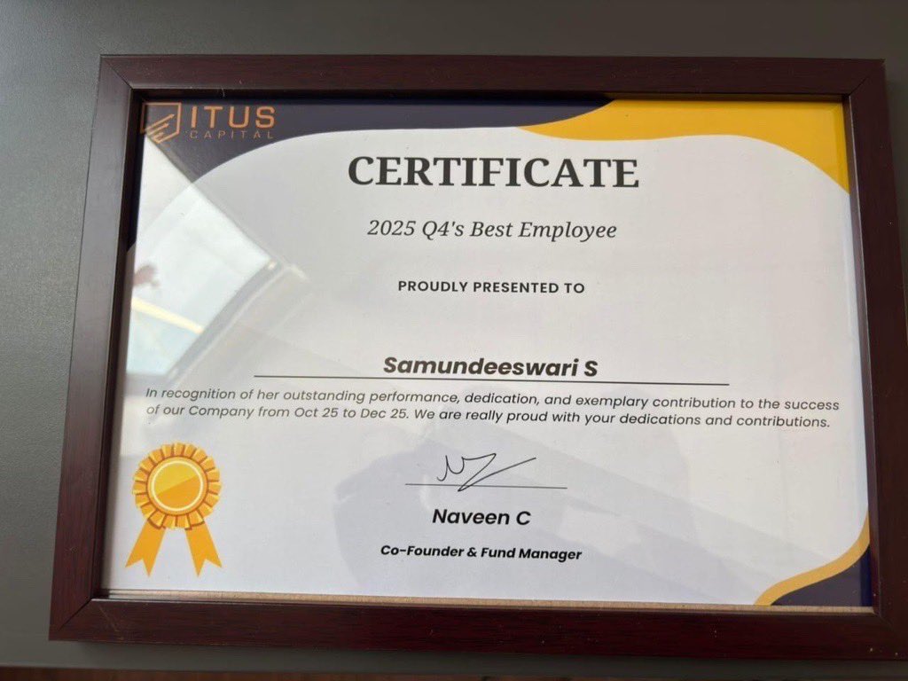 ItusCapital's tweet photo. 🎉 Best Employee of the Quarter | Q4 2025:
Samundeeswari from our Client Onboarding Team has consistently stood out for her ownership, reliability, and willingness to learn. From day-to-day operations to effective role delegation, her impact has been meaningful and visible. https://t.co/slJlNINvaT