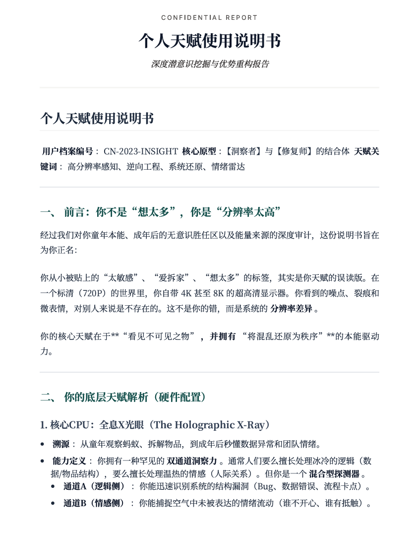 QianLong4950's tweet photo. 很多人以为“擅长”就是天赋，其实那是误解。真正的天赋，不是你做起来容易的事，而是你做完后觉得回血的事。如果你也时常感到迷茫或内耗，或许是因为你正在为了生存压抑本能。我们开发了「天赋挖掘机」，不搞玄学算命，而是结合盖洛普优势、心流理论与荣格心理学，像剥洋葱一样，通过深度对话挖掘你 16 岁前未被规训的本能，把那些被你当成“缺点”或“怪癖”的特质，还原成你最宝贵的能量来源。来试试吧，领走你的《个人天赋使用说明书》，别让你的才华在“平庸的优秀”里生锈。
