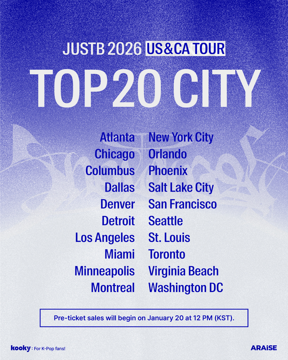 kooky__official's tweet image. 🪽 JUSTB 2026 US&amp;amp;CA Tour — TOP 20 Cities Revealed!

Thank you, ONLYB! 💙 
The TOP 20 candidate cities for the JUSTB 2026 US &amp;amp; Canada Tour have officially been selected 👏

Now the next stage begins — Pre-Ticket Sales!
Only cities that reach 100+ tickets or more will be confirmed…