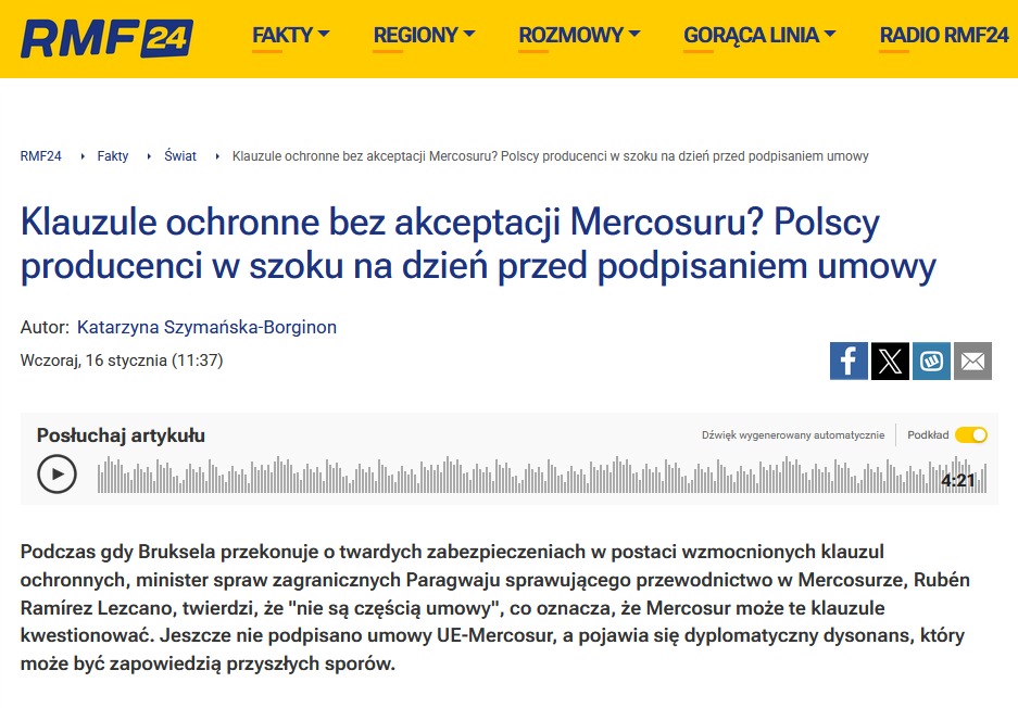 Donald miał być w Unii nie do ogrania, a fakty są takie, że umowa Mercosur uderzy w polskie rolnictwo z pełną siłą. 

Najpierw nie zdołali jej zablokować, później okazało się, że manipulują w sprawie zaskarżenia jej do TSUE, a teraz dowiadujemy się, że klauzule "ochronne",