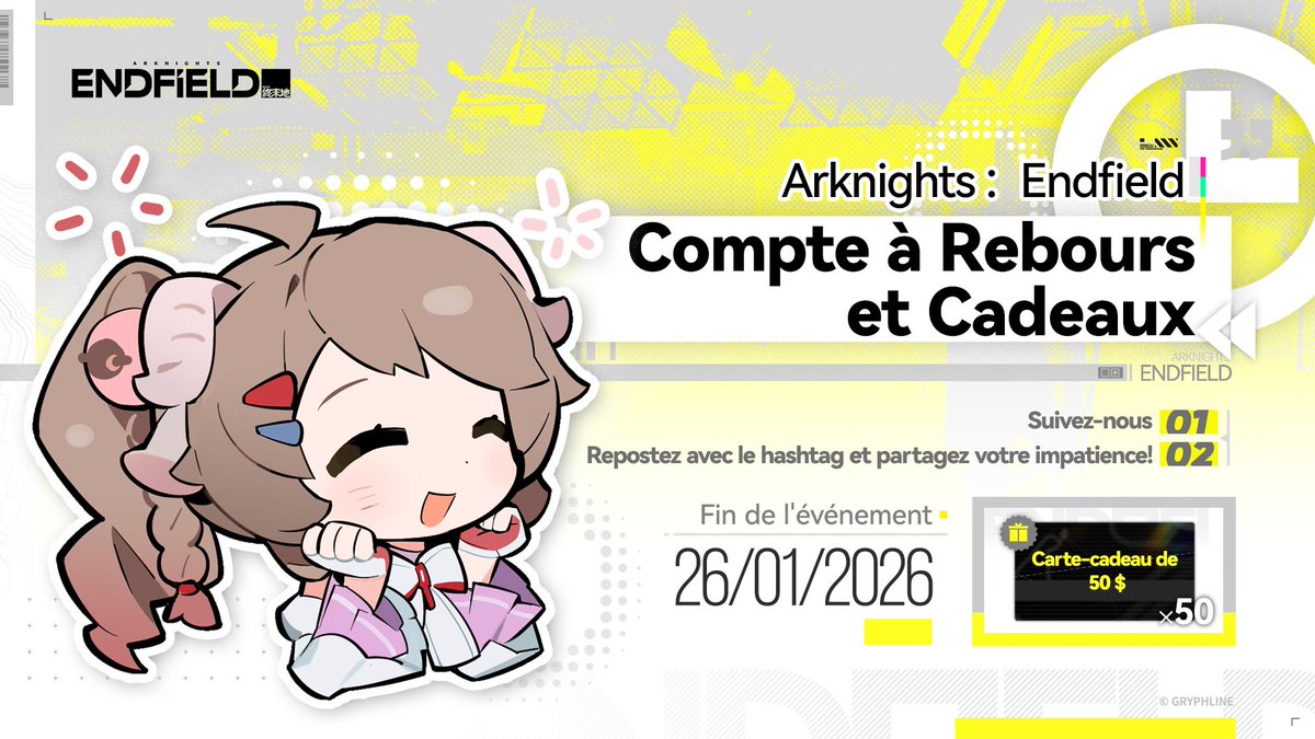 EndfieldFR's tweet photo. 🎁Compte à rebours avant l'atterrissage sur Talos-II : Jour 3

Pour célébrer la sortie officielle d'Arknights: Endfield le 22 janvier, nous organisons un événement spécial !

Comptez les jours avec nous et partagez vos attentes concernant le jeu pour tenter de remporter des cadeaux !

Republiez cette publication avec les hashtags #ArknightsEndfield #Endfield122 et partagez vos attentes concernant le jeu. Nous tirerons au sort 50 gagnants qui recevront une carte-cadeau de 50 USD !

▼// Période de l'événement
Du 19 janvier 2026 au 26 janvier 2026 (UTC+8)

▼// Règlement de l'événement
https://t.co/rLJfZXxayd

#ArknightsEndfield #Endfield #Endfield0122