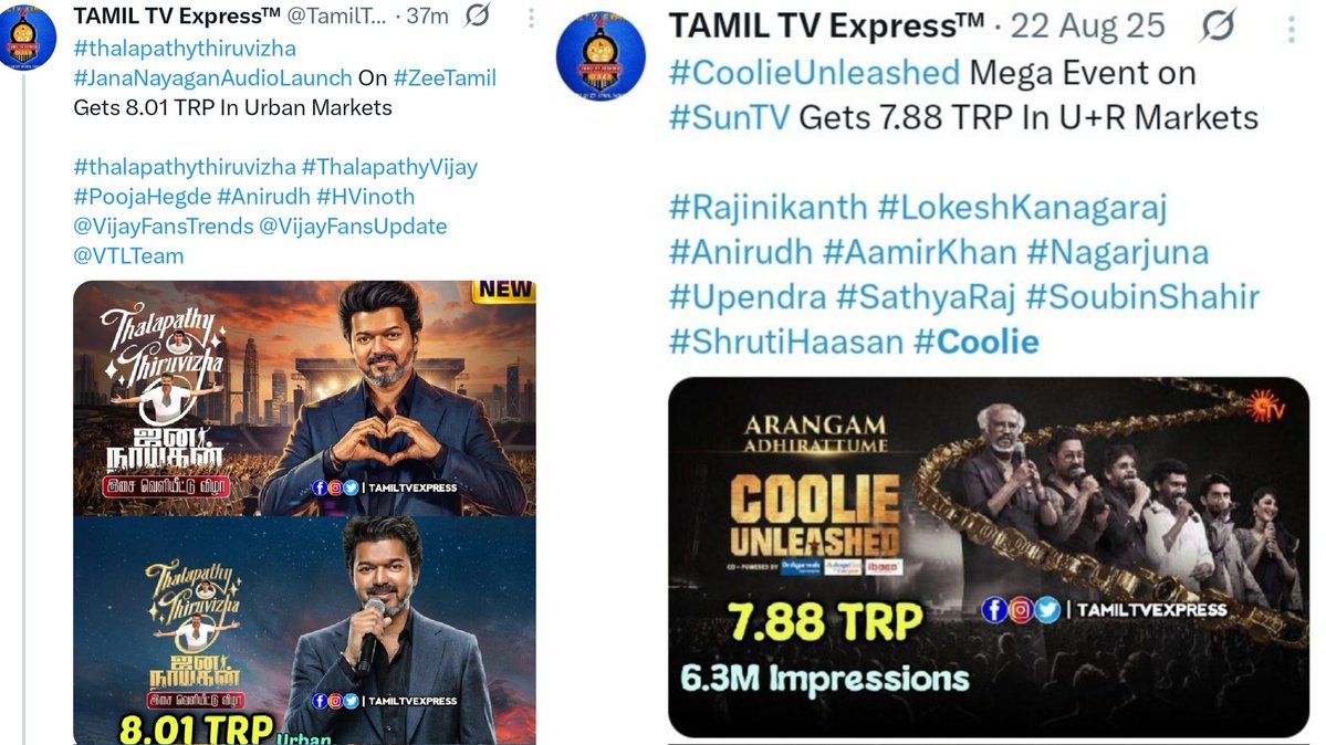 JDALEXtweets's tweet image. Audio launch TRP 🎯🔥 !

JanaNayagan AL : 8.01 in ZeeTamil

Coolie AL : 7.88 in ☀️tv 

Feel the Difference Guys 🥱💥