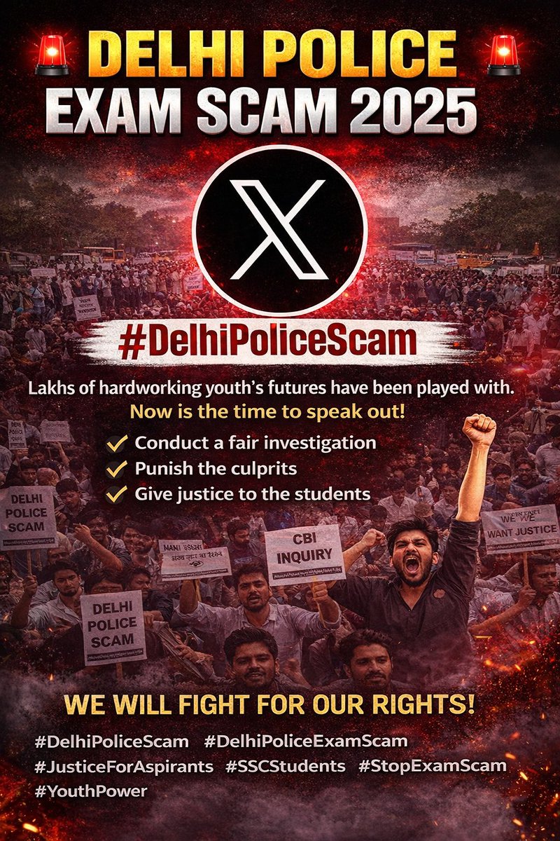 TestRanKING's tweet photo. 🚨 Justice for Aspirants!
Delhi Police Exam Scam की निष्पक्ष जाँच होनी चाहिए।
लाखों मेहनती युवाओं के भविष्य के साथ खिलवाड़ बर्दाश्त नहीं!
👉 सच सामने आना चाहिए।
👉 दोषियों को सज़ा मिलनी चाहिए।
#delhipolicescam  #Delhi_police_exam_scam   #examscam 
@GaganPratapMath https://t.co/slTokXHb0K