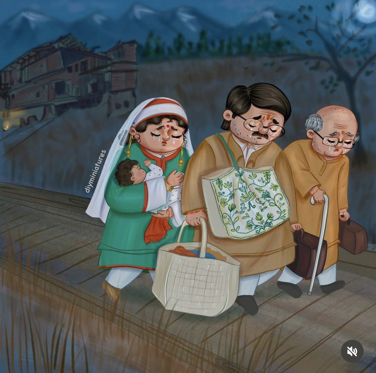 Today is 19 January. The day Kashmiri Hindus were forced to leave their homeland.

This is to remind you that, 36 years later, they still cannot return to their homes and live in exile within their own country.
😢 😢 😢 

Illustrations courtesy: <a href="/diyminiatures/">Savi Bhat</a> 
<a href="/kp_global/">Global KP Diaspora (GKPD)</a>