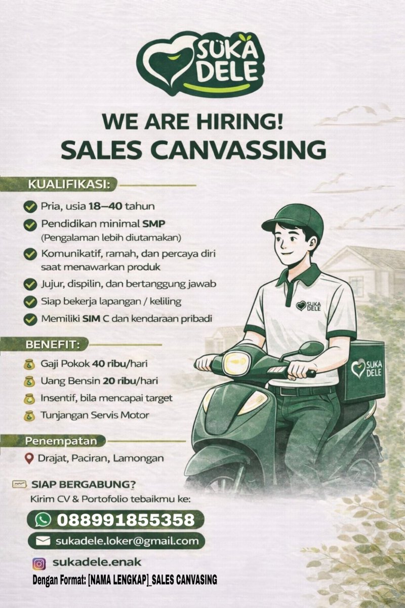 ardiiard_'s tweet photo. 📢Lowongan Kerja Lamongan
Sales Canvassing area Paciran

Yuk gabung dengn sukadele! 
📩 Kirim CV &amp; Portofolio:
WhatsApp 088991855358

#lokerlamogan #lowkerlamongan #lokermarketing #marketinglamongan #lowongankerjamarketing  #lamongan https://t.co/dLOzsAQnuu