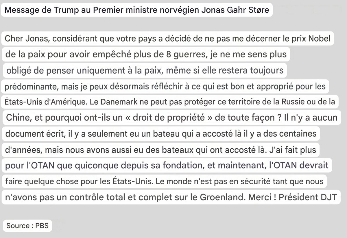 L_ThinkTank's tweet image. ‼️ [ 🇺🇸 ÉTATS-UNIS | 🇬🇱 GROENLAND ]

🔸 Donald Trump a envoyé un message au Premier ministre norvégien 🇳🇴 Jonas Gahr Støre dans lequel il affirme ne plus se sentir « obligé de penser uniquement à la paix » après ne pas avoir reçu le prix Nobel de la paix.

Il lie directement…