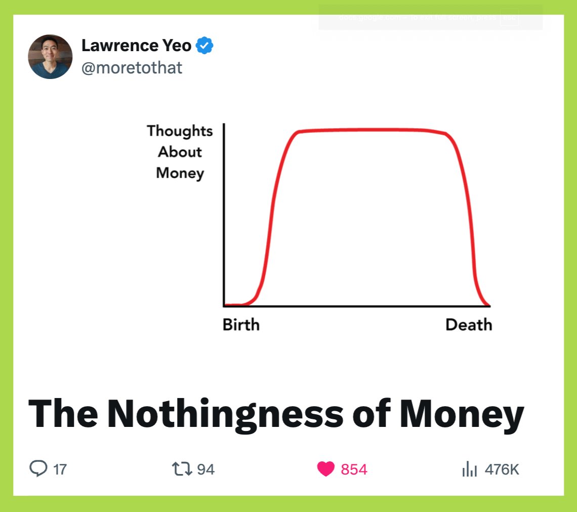 gm_upside's tweet photo. Sự rỗng không của tiền bạc 💸

Khi còn học cấp hai, tôi từng nghe một câu đố khiến mình “đứng hình”:
Người giàu cần nó.
Người nghèo có nó.
Nếu ăn nó, bạn sẽ chết.
Và khi chết, bạn mang nó theo mình.

Đó là gì?

Bạn có thể dừng lại suy nghĩ một chút.
…
Đáp án là: Không có gì cả (Nothing).

Đến tận bây giờ, câu đố này vẫn khiến tôi mỉm cười. Nhưng lần đầu nghe, tôi thực sự bị choáng, vì từng mệnh đề đều đúng một cách kỳ lạ. Khi ấy, tôi thích nó vì sự thông minh. Còn bây giờ, tôi thích nó vì sự sâu sắc giản dị của nó.

Câu nói “người giàu cần chẳng cần gì” không nên hiểu theo nghĩa đen. Nó chỉ ra rằng theo đuổi tiền bạc là cuộc vật lộn chung của thời đại hiện đại. Chúng ta có thể rời bỏ tôn giáo, chính trị, nhưng không thể rời khỏi câu chuyện về tiền. Nó đan cài sâu vào cấu trúc xã hội đến mức sức khỏe thể chất của ta cũng phụ thuộc vào việc những con số trừu tượng trên màn hình có thể được chuyển hóa thành bữa ăn thật hay không.

Nhưng đồng thời, câu đố cũng nói lên một sự thật khác:
Không có gì đi qua được bức tường của cái chết.

Dù bạn là tỷ phú hay người vô gia cư, trước “kẻ san bằng vĩ đại” này, mọi thứ đều trở về con số 0. Thứ duy nhất có thể còn lại là di sản, nhưng di sản đó chỉ tồn tại để người khác cảm nhận - một đặc quyền mà bạn không còn nữa khi đã chạm tới ranh giới ấy.

Và ở đây xuất hiện mâu thuẫn lớn:
Tiền là thứ bắt buộc phải theo đuổi khi còn sống,
nhưng hoàn toàn vô nghĩa khi ta chết.
Nếu vẽ mâu thuẫn này ra cho một người bình thường, nó sẽ giống như một đường cong lao dốc về 0 ở cuối đời. Tôi gọi đó là Sự rỗng không của tiền bạc.

Đây là lúc sự vô nghĩa của tiền không còn là lý thuyết mà được thấu hiểu thật sự.

Ai cũng biết tiền không mang theo được khi chết. Nhưng phần lớn cuộc đời, hiểu biết đó chỉ tồn tại trên lý trí, chưa đủ “thật” để thay đổi hành vi hàng ngày. Biết mình sẽ chết không đủ để khiến ta ngừng theo đuổi tiền.

Chỉ khi tính hữu hạn của cuộc sống trở nên không thể phớt lờ, mọi thứ mới thay đổi.

Với đa số người, Sự rỗng không của tiền bạc chỉ xuất hiện khi vạch đích đã ở rất gần: một chẩn đoán bệnh nan y, một cuộc hẹn với hospice, một chiếc giường hấp hối được chuẩn bị.

Lúc này, thứ từng chiếm trọn tâm trí bỗng mờ dần. Điều quan trọng chỉ còn là ký ức, những người bạn yêu thương, và những khoảnh khắc cuối cùng có thể tạo ra cùng họ. Việc dùng quỹ thời gian ít ỏi còn lại để kiếm thêm vài đồng trở nên nực cười - không một người tỉnh táo nào mong điều đó.

Và chính trong khoảnh khắc ngắn ngủi ấy, một điều sâu sắc xảy ra:
Sự rỗng không của tiền bạc được hiểu trọn vẹn.
Dù mạnh mẽ, thực tế này cũng rất buồn.

Buồn vì với hầu hết mọi người, cú rơi này xảy ra quá gấp gáp, chỉ trong những giây phút cuối đời. Phải đến lúc đối diện cái chết, bùa mê của tiền mới bị phá vỡ.

Nhưng dẫu vậy, đây vẫn là điều đáng biết ơn.

Sự rỗng không của tiền bạc chỉ có thể đến từ chiêm nghiệm sâu sắc, và điều này thường chỉ xảy ra khi con người trực diện với cái chết. Những người có “trí tuệ nơi giường bệnh” chỉ có được nó vì họ được trao cho thời gian giữa chẩn đoán và kết thúc để suy ngẫm.

Không phải ai cũng may mắn như vậy.

Với những người ra đi vì tai nạn, rất có thể họ sống trọn đời chưa từng thực sự hiểu sự vô nghĩa của tiền. Nó luôn hiện diện, dẫn dắt hành vi và động cơ của họ từng bước một. Không có thời gian để dừng lại và tự hỏi: Điều gì thực sự quan trọng?

Đó là bản chất của kiếp người. Ta biết mình sẽ chết, nhưng không biết khi nào. Ta lấy tuổi thọ trung bình để trấn an sự bất định, nhưng đó chỉ là cách xoa dịu nỗi lo.

Chỉ có một điều chắc chắn: Một ngày nào đó, thời gian của ta sẽ hết. Và ta không biết ngày đó là ngày nào.

Với nhận thức ấy, con người không muốn dành cả cuộc đời nghĩ về tiền. Họ muốn Sự rỗng không của tiền bạc bắt đầu sớm hơn, để có thể sống vài chục năm không bị nó hút cạn sự chú ý.
Và họ đã tạo ra một công cụ cho điều đó: nghỉ hưu.

Ý tưởng cốt lõi của nghỉ hưu rất đơn giản:
Bạn dồn sự chú ý vào tiền ở giai đoạn đầu đời để tạo ra của cải, rồi dùng của cải đó để giải phóng sự chú ý, dành nó cho tự do, mục đích sống và tình yêu.

Nghỉ hưu là cách con người kéo dài Sự rỗng không của tiền bạc khi vẫn còn đủ khỏe để tận hưởng. Ta làm việc chăm chỉ khi trẻ để không phải làm khi già.

Truyền thống đặt mốc này ở khoảng 65 tuổi - cho ta 20–30 năm sống mà tiền không còn điều khiển cách ta dùng thời gian.
Nhưng với nhiều người, thế vẫn chưa đủ.

Phong trào FIRE (Financial Independence, Retire Early) muốn đẩy mốc này sớm hơn nữa. Về lý thuyết, đó là đường cong mơ ước: làm đúng việc sớm, kiếm nhiều tiền, rồi sống tự do khi còn trẻ.
Nhưng thực tế thì khác.

FIRE đòi hỏi sự ám ảnh với tiền trong giai đoạn đầu. Một “con số thần kỳ” trở thành trung tâm vũ trụ, chi phối công việc bạn chọn, thứ bạn mua, và tần suất bạn kiểm tra danh mục (có lẽ là rất nhiều).

Vấn đề là: thói quen không biến mất chỉ vì bạn đạt mục tiêu.
Nếu bạn dành 15 năm ghi chép chi tiêu mỗi tối, kiểm tra portfolio 20 lần/ngày, liệu bạn có thật sự ngừng nghĩ về tiền khi đã “đủ”? Nếu bạn coi tiền là vật sưu tầm tối thượng trong hàng chục năm, liệu bạn có ngừng đồng nhất bản thân với nó?

Ngay cả khi nghỉ hưu sớm, Sự rỗng không của tiền bạc sẽ không đến nếu thói quen cũ vẫn còn. Nếu bạn vẫn kiểm tra danh mục mỗi khi cầm điện thoại, bạn vẫn chưa thực sự hiểu sự vô nghĩa của tiền.

Có khi, chỉ một cú nhắc nhở khắc nghiệt về cái chết mới phá được điều đó.

Cách duy nhất để giải quyết mâu thuẫn này là nhận ra ngay từ bây giờ rằng sự theo đuổi tiền bạc là vô nghĩa về sau và thứ bạn sẽ thấy nực cười ở cuối đời, thực ra cũng nực cười ngay lúc này.

Nếu một người bạn nói muốn khắc lên bia mộ câu “Tôi outperform S&P 500”, bạn sẽ bật cười. Hãy mang chính cảm giác đó để phá vỡ sự thôi miên của tiền mỗi khi nó chiếm trọn sự chú ý của bạn.

Làm điều này thường xuyên sẽ hạ thấp “cao nguyên ám ảnh”, khiến cú rơi cuối đời bớt đau đớn hơn và giảm những hối tiếc về cách bạn đã sống.

Trí tuệ là khả năng chứa đựng hai sự thật mâu thuẫn cùng lúc.
Tiền bạc là ví dụ rõ nhất: nó vừa quan trọng, vừa vô nghĩa.
Ta phải sống trong câu chuyện về tiền, nhưng cũng phải hiểu rằng đó chỉ là một câu chuyện hư cấu.

Khi ý thức được Sự rỗng không của tiền bạc, ta có thể lựa chọn khác đi:
Chọn công việc có ý nghĩa thay vì công việc bào mòn
Đặt danh mục sang một bên để hiện diện với người mình yêu
Sống theo điều xứng đáng được khắc trên bia mộ
Và vì trên bia mộ không có ký hiệu đô la, đã đến lúc ta ngừng khắc nó lên tâm trí mình.

✍️ Nguồn: Lawrence Yeo - Tác giả sách The Inner Compass