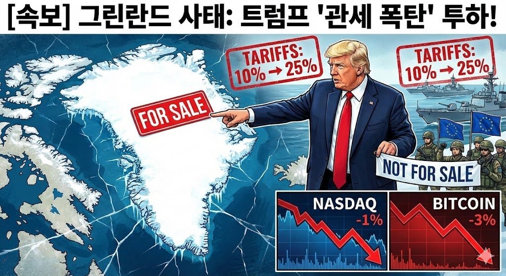 LastMoney6489's tweet photo. [그린란드 사태, 그것은 무엇인가요?]

오늘 오전에 비트코인이 갑자기 엄청나게 떨어졌습니다.
그래서 저도 꽤 손실을 봤는데,
대체 왜 떨어진걸까요?

지금 시장 박살 낸 그린란드 사태,
무엇인지 한번 알아보겠습니다.

---------
트럼프: "그린란드 삽니다" vs 유럽: "선 넘네?"

1. 사건의 발단:
"야, 거기 땅 좀 팔아라"트럼프가 뜬금없이 "그린란드 내가 살게"라고 매수 오퍼를 던짐.

2. 유럽의 대응:
"군대 보내!" 덴마크랑 유럽 형님들 어이가 털림. "지금 21세기에 나라를 사고파냐?" 바로 그린란드에 군사 파견하면서 맞불 놓음. 분위기 살벌해짐.

3. 트럼프의 반격:
"안 팔아? 그럼 관세 맛 좀 봐라" 군대 보낸 거 보고 트럼프 극대노함. 바로 협박 들어감.

 - 당장 2월부터: 유럽산 제품에 관세 10% 부과.
 - 6월까지 협상 안 되면: 관세 25%로 인상.

4. 현재 상황:

 - 그린란드 시민: "우린 파는 물건이 아니다!" (극대노 시위 중)
 - EU: 화들짝 놀라서 긴급 정상회의 소집.

----------
그래서 시장은?

"미국 vs 유럽" 찐으로 붙을 각 보이니 투자 심리 얼어붙음.
나스닥: -1% 하락
비트코인: -3% 하락

----------
3줄 요약

트럼프가 땅따먹기 하고 싶어서 그린란드 산다고 함.
유럽이 반발하니까 "너 관세!" 시전함.
고래 싸움에 우리 계좌(비트, 나스닥)만 터지는 중.

----------
2월 관세 부과 전까지 뉴스 잘 챙겨봐야 할 듯합니다.
부동산 욕심이 무역 전쟁으로 번지는 이 상황... 실화입니까?

#그린란드 #트럼프