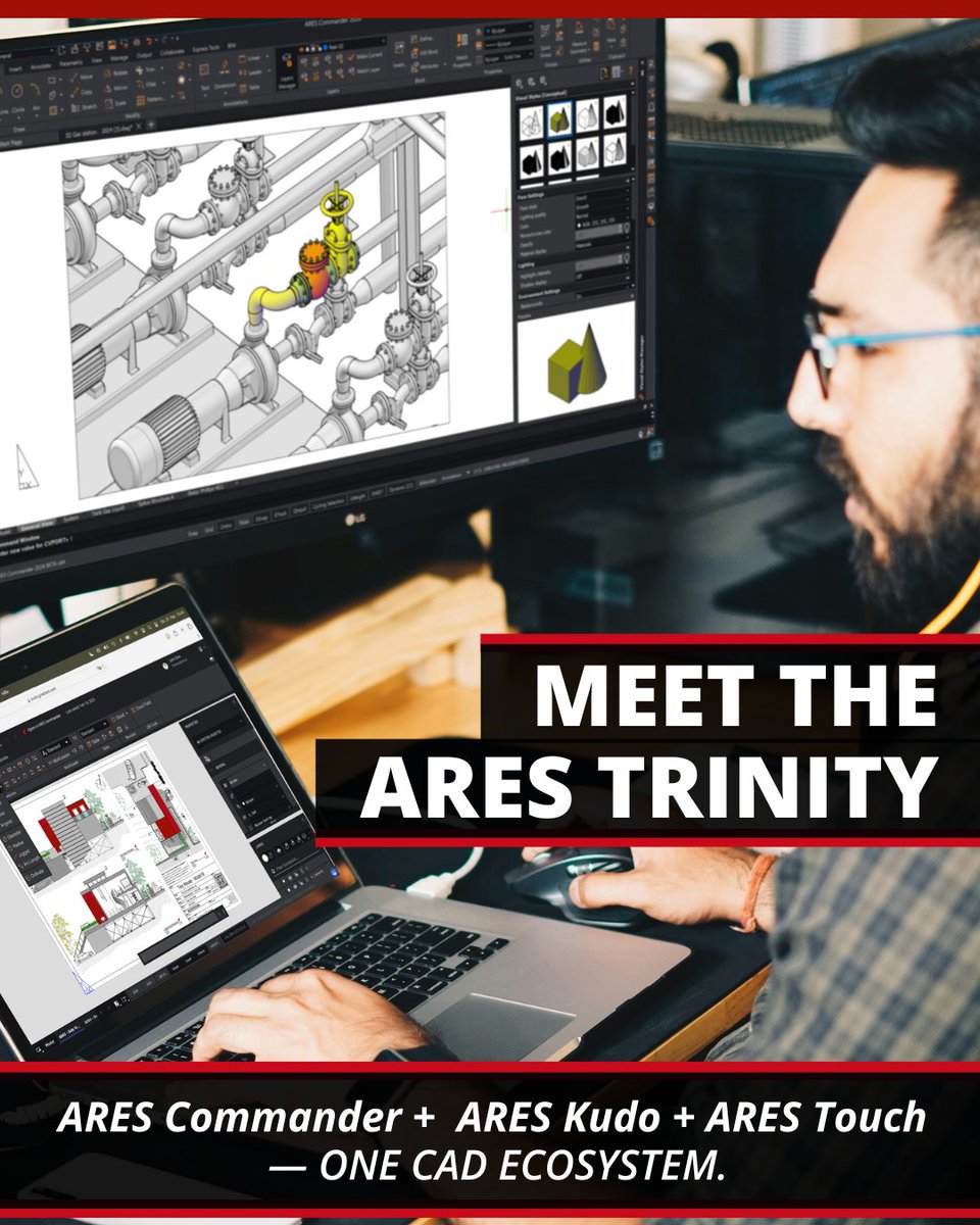 GraebertIndia's tweet photo. Meet the ARES Trinity.
One CAD ecosystem for desktop, cloud &amp; mobile workflows.
Design anywhere. Collaborate everywhere.
#ARESTrinity #ARESCAD #CADSoftware #CloudCAD #EngineeringDesign https://t.co/zNV3LgbjX6