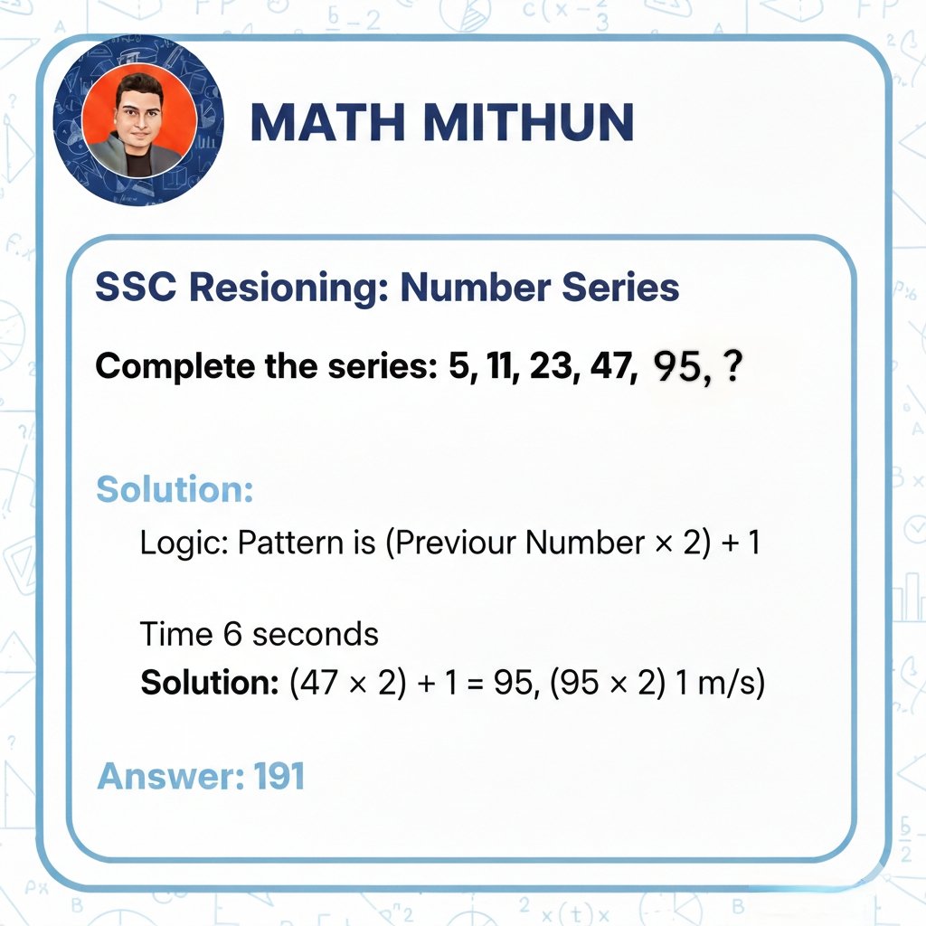 MandalMith42165's tweet image. SSC Resioning number series | Complete the series 5, 11, 23, 47, 95, ?
#SSC #compitative #mathmithun #education