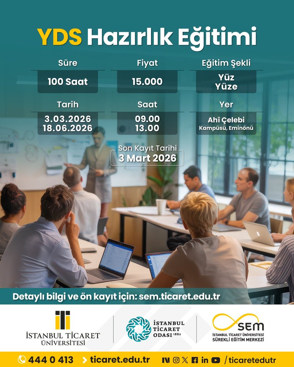 YDS sınavında hedeflediğin puana ulaşmak için İstanbul Ticaret Üniversitesi SEM’in 100 saatlik YDS Hazırlık Eğitimi ile fark yarat!
#YDS #YDSEğitimi #Sınavİngilizcesi #İstanbulTicaretÜniversitesi #SEM #YabancıDil #Akademikİngilizce #YDSHazırlık