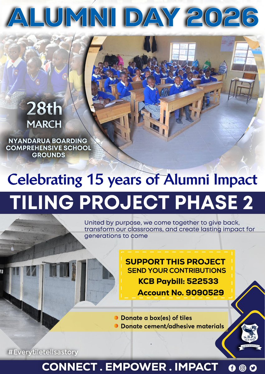 NBPSAlumni's tweet photo. #TilingProjectPhase2
We have embarked on fundraising for Phase two of our project for tiling the remaining classes.

This is an NBPS Alumni Association initiative.

We call upon you all to give in a big way Donate Via:
KCB Paybill number 522533
Account Number 9090529 https://t.co/E8RGiMMPB4