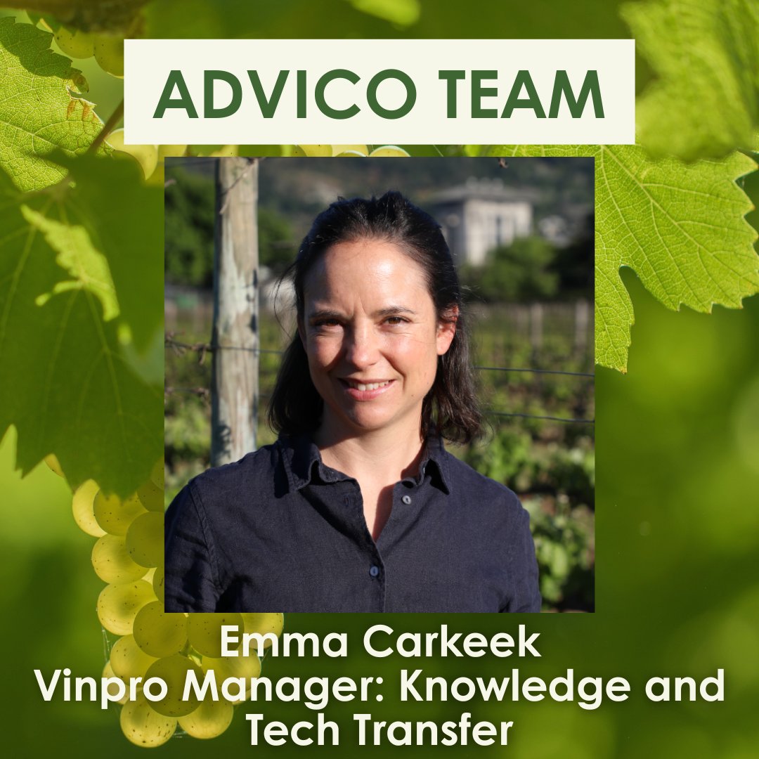 Vinpro_za's tweet photo. Meet the Team | Emma Carkeek 🍇
With a background in research and winemaking and an interest in holistic vineyard systems. Today, she serves as manager of the ADVICO Platform, overseeing demo sites, applied research activities, and industry knowledge-sharing.
#ADVICO #viticulture https://t.co/N4qTkn0mFU
