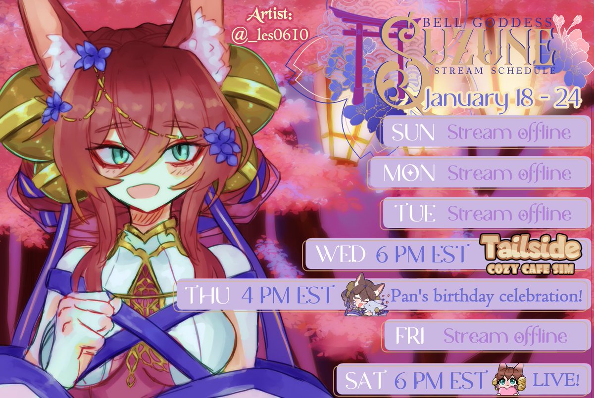 LET'S GET IT! 🥳 Things aren't back to normal yet but you'll see me, I promise!

Schedule for 1/18 - 1/24:
Wednesday, 6 PM EST: Tailside launch!
Thursday, 4 PM EST: <a href="/PantequilloCD/">Pantequillo 🍞</a> 's birthday celebration
Saturday, 6 PM EST: Live doing something!

Art by vgen.co/les0610 !