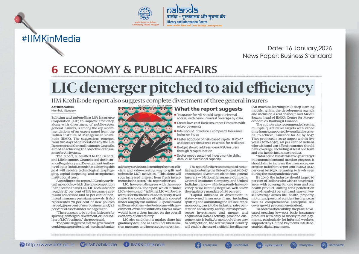 IIMKozhikode's tweet image. A team of experts from #IIMKozhikode recently submitted a report laying down the Way Forward for India’s insurance sector towards achieving the IRDAI's aspirational goal of providing “#InsuranceforAll by 2047”.
#IIMKat30 #Thoughtleadership