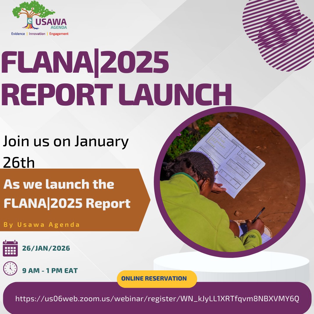 usawaagenda's tweet photo. FLANA|2025 Report is launching on 26 January. Evidence on foundational literacy and numeracy is coming. To attend and participate in the launch of the report, register through: https://t.co/4hZRqobYcN

#FLANAReport2025 #EducationJustice4ALL #EducationEvidence #UsawaAgenda #FLN https://t.co/eekzzIo9lH
