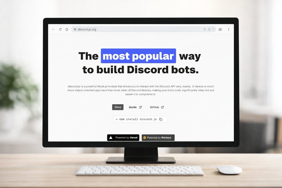 Building a Discord bot in JavaScript? discord.js makes it clean and  powerful. Modern API, great docs, and a huge community. Perfect for real  projects, not demos. 🚀