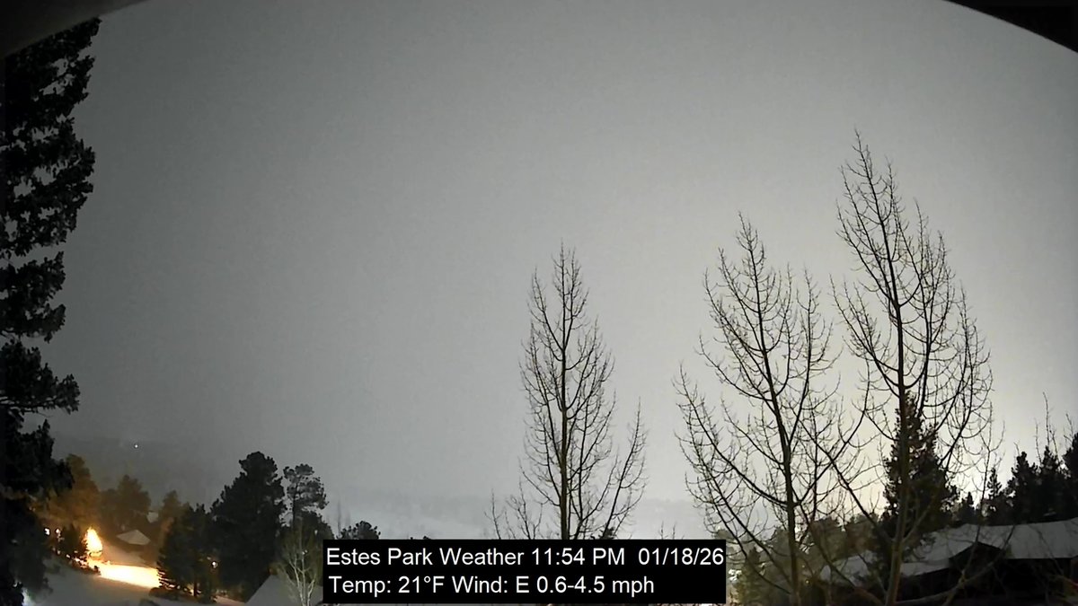 EstesWeather's tweet image. Estes Park, CO weather: overcast -  light snow | 21F | humidity 82 | wind E 0.5 -&amp;gt; 4.5 | Today: 20F/44F Rain 0.02 |  January 18, 2026 at 11:58PM #cowx