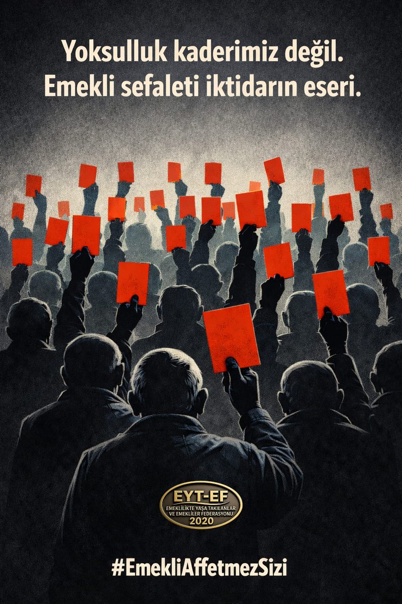 EMEKLİ
👇
#EmekliAffetmezSizi

Yoksulluğu kader diye sundunuz.
Adaletsizliği yasa diye dayattınız.

Alın terini yok saydınız.
Ödenen primleri cezaya dönüştürdünüz.

Milli irade günü hüküm sandıkta kurulacak.
Emekli sizi affetmez.

#5000KısmiAffetmezSizi
<a href="/RTErdogan/">Recep Tayyip Erdoğan</a> 
<a href="/isikhanvedat/">Prof. Dr. Vedat Işıkhan</a>