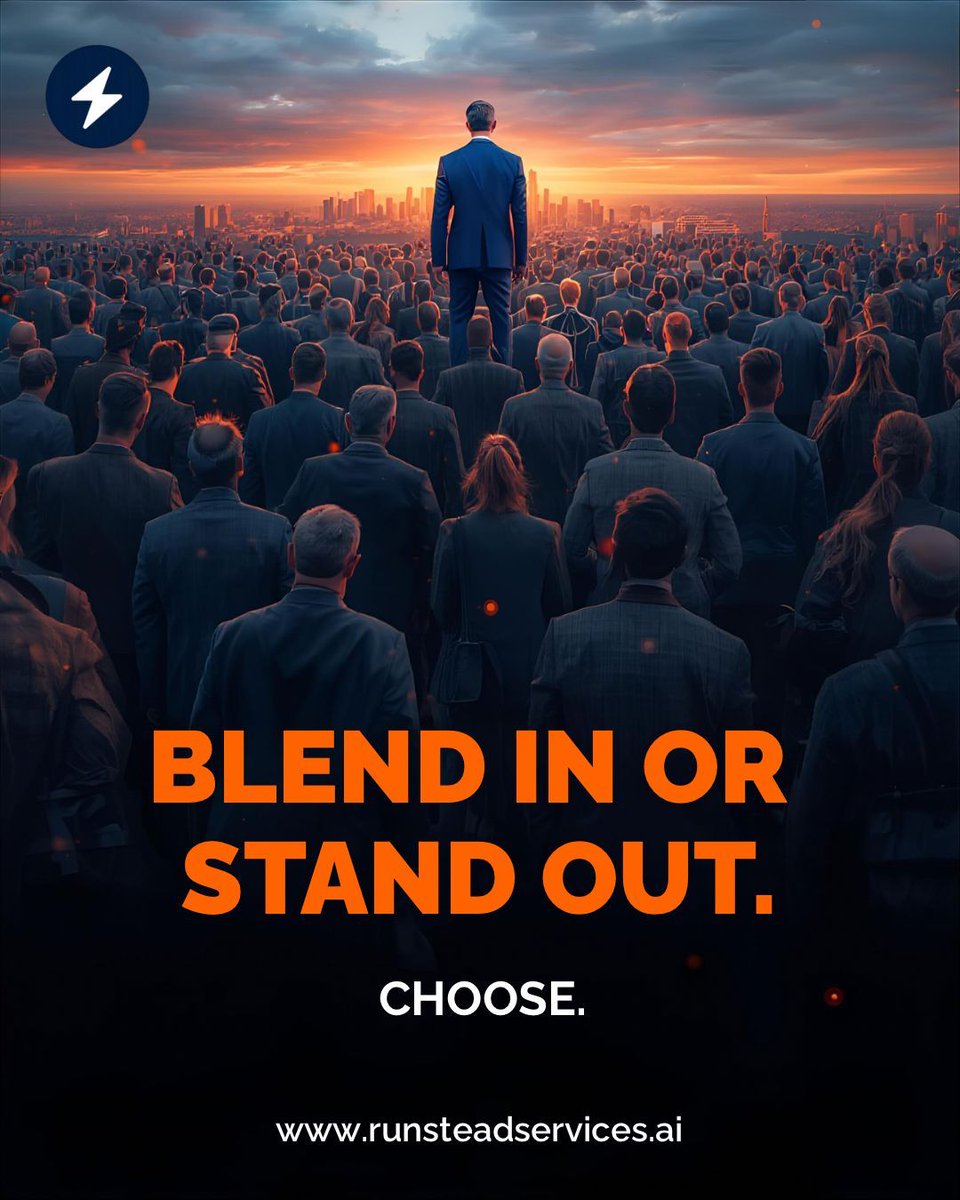 runsteadai's tweet image. The crowd moves together. The leader moves first.
While everyone’s waiting for permission, copying competitors, and playing it safe—opportunity passes them by.
Differentiation isn’t reckless. It’s researched. Strategic. Intentional.
Your move. #BusinessStrategy #RunsteadServices