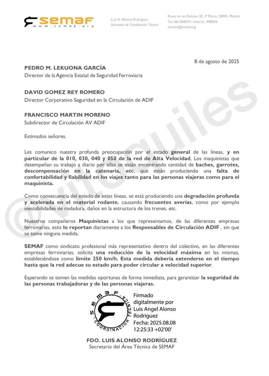 🔴ALGUIEN MIENTE Y NO CREO QUE SEAN LOS MAQUINISTAS.

A las 00:45hrs, el Ministro Oscar Puente dijo;

"Es una vía completamente renovada, en la que se han invertido 700 millones y los trabajos acabaron en mayo de 2025".

Sin embargo, los Maquinistas en un Comunicado de Agosto