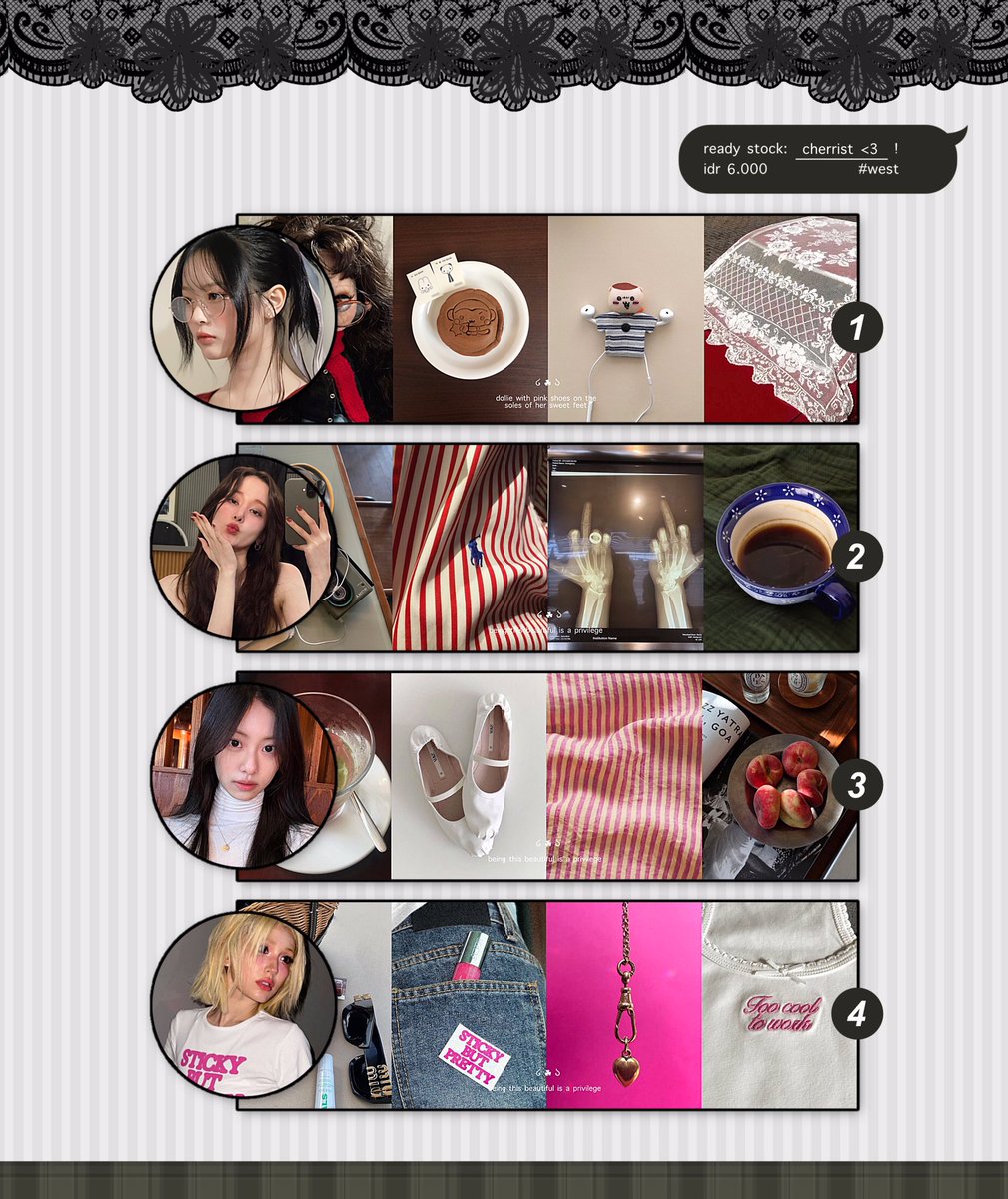 buttesr's tweet image. help repost, please? 

hi! aku ada 8 layout moodboard ready stock chara girlgroup &amp;amp; actress: hanni, jongseo, garam, somi, giselle, sohee, shin sia &amp;amp; karina di bawah ini dengan harga 6.000. untuk lengkapnya cek alt, thx u! ❤︎

#zonauang #zonaba #zonajajan