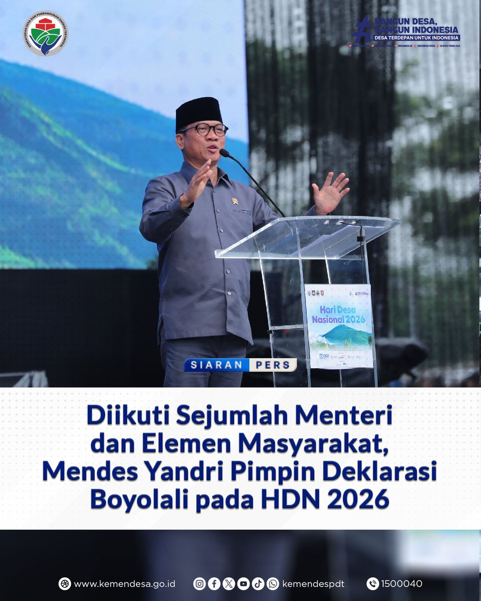 Deklarasi Boyolali 
Pada puncak Hari Desa Nasional 2026, Mendes PDT Yandri Susanto memimpin Deklarasi Boyolali. Deklarasi ini menjadi komitmen bersama dalam mendukung Asta Cita ke-6 Presiden Prabowo Subianto, 
<a href="/Prabowo/">Prabowo Subianto</a> 
<a href="/Gibran_tweet/">Gibran Rakabuming</a>
<a href="/YandriSusanto27/">Yandri Susanto</a>
<a href="/ARIZAPATRIA/">Ariza Patria</a>
#KemendesPDT