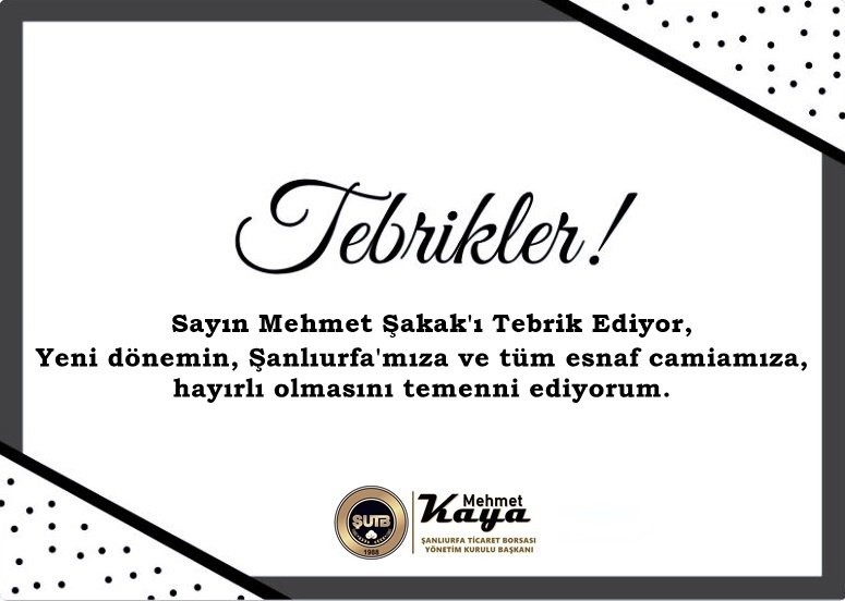 Şanlıurfa Lokantacı, Köfteci ve Tatlıcılar Esnaf Odası Başkanlığına yeniden seçilen Sayın Mehmet Şakak‘ı tebrik ediyor; üstlendikleri görevlerin şehrimizin ekonomik kalkınmasına güçlü katkılar sunmasını diliyor, yeni dönemin Şanlıurfa’mıza ve tüm esnaf camiamıza hayırlı olmasını
