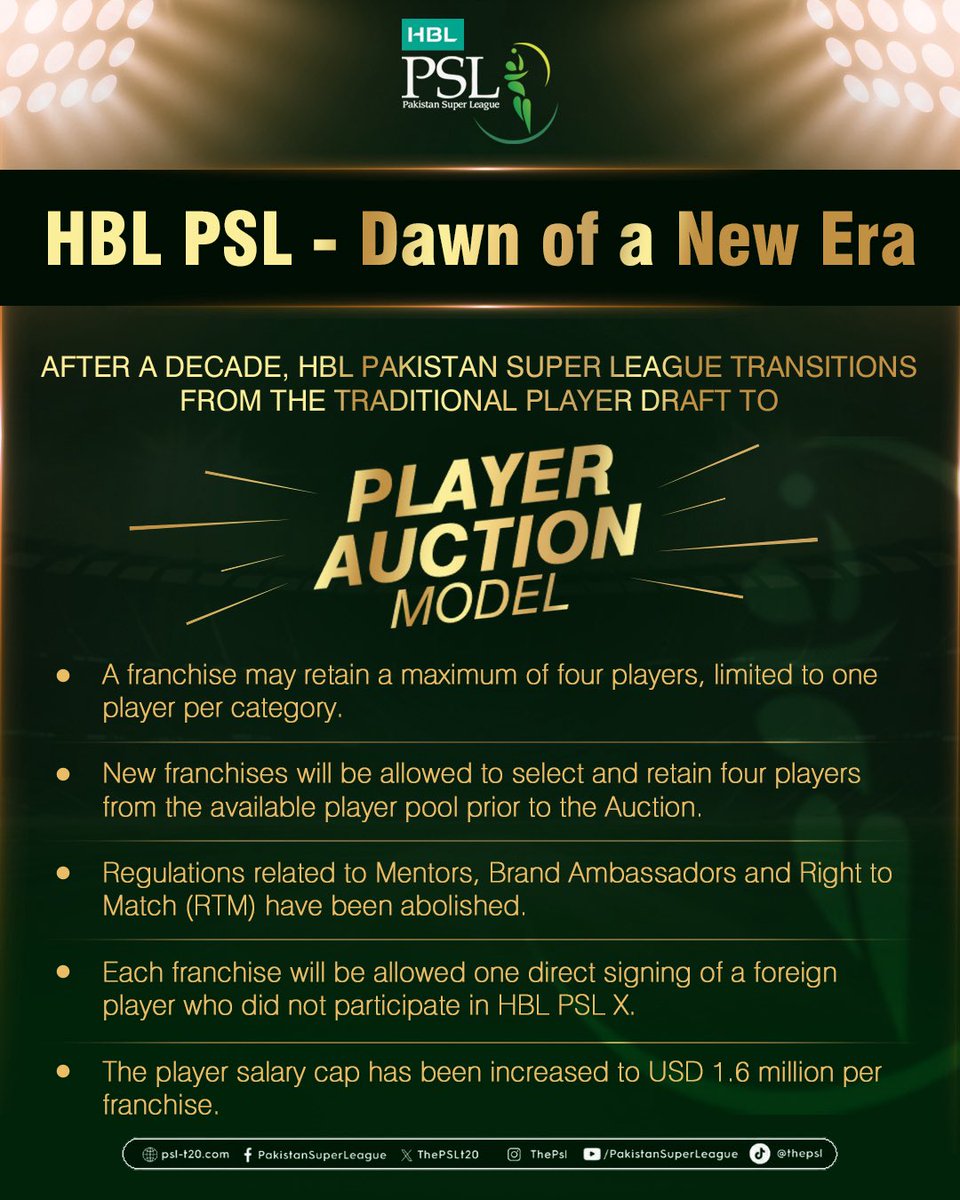 PSL enters a new era 🚀🏏

Auction model replaces the draft system, Faisalabad added as a PSL venue, and many more exciting advancements 👇 🔥🇵🇰

📸 <a href="/thePSLt20/">PakistanSuperLeague</a> | #HBLPSL | #NewEra