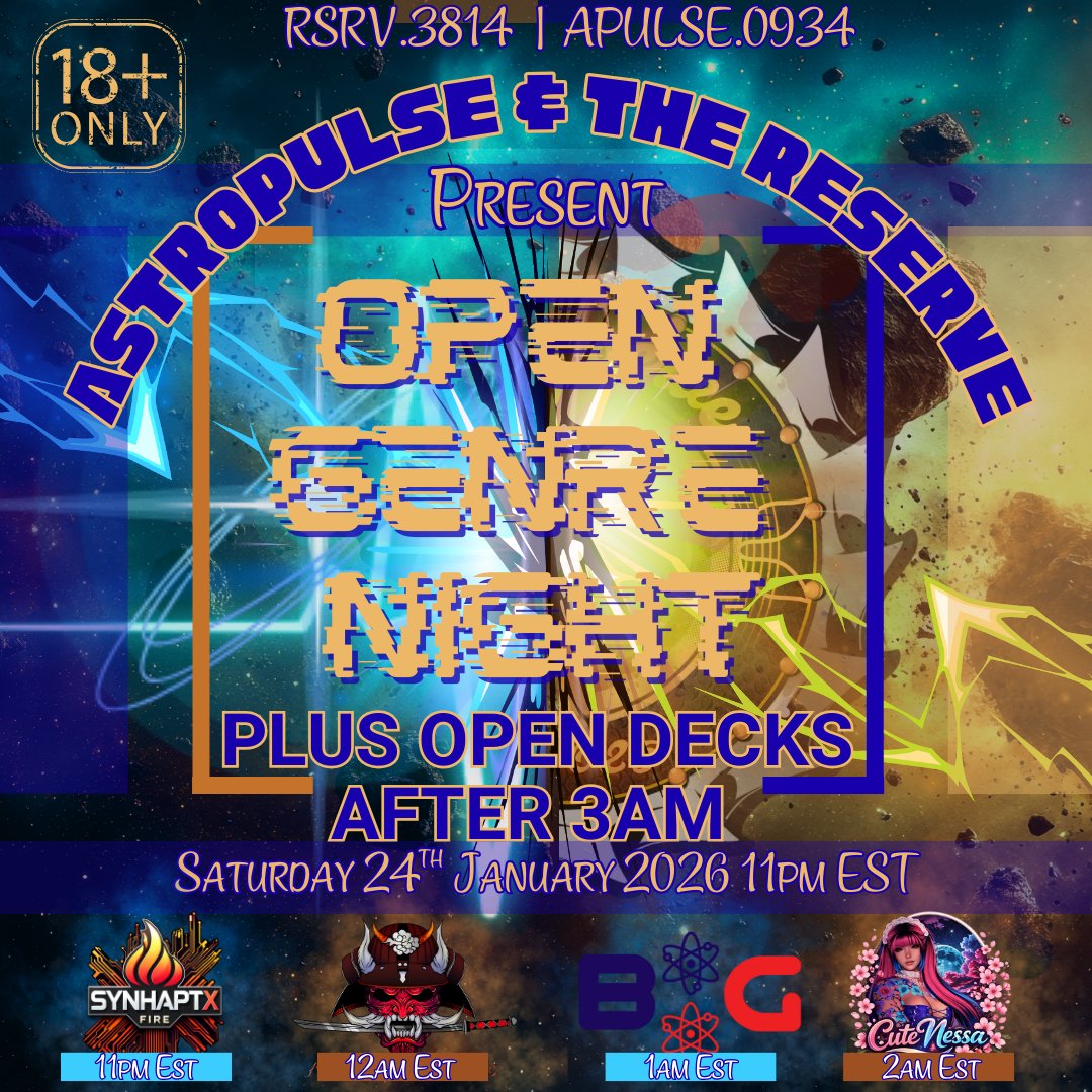 AstropulseVRC's tweet photo. Astropulse x The Reserve Collab

Come join us as we hold our first collab with our friends from The Reserve here at Astropulse! Doors Open at 11 PM EST
SynHaptX Fire, AznMenace, Blaugrana, DJ CuteNessa,

Astropulse https://t.co/L5peU3HID5
The Reserve https://t.co/93dFmiug1W https://t.co/dy1h8tuPc3