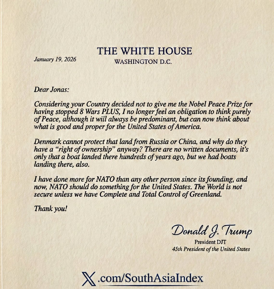 SouthAsiaIndex's tweet image. 🚨 Trump writes letter to Norway PM, says he no longer has "obligation to think of Peace" because Norway did not give him the Nobel Peace Prize.