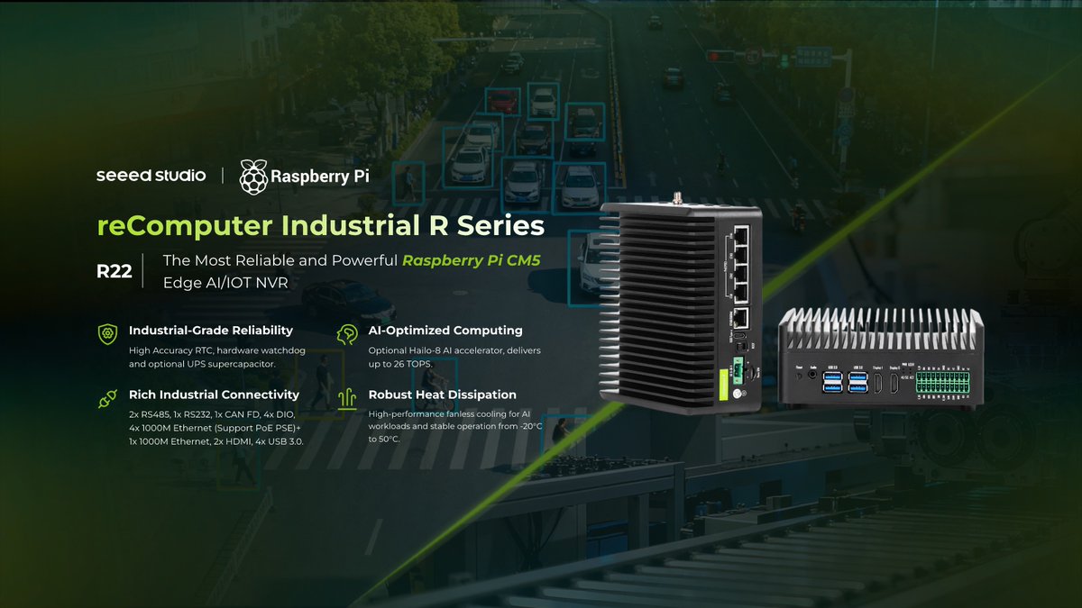 seeedstudio's tweet photo. 👏 Seeed's latest @Raspberry_Pi #CM5 and @Hailo_ai 8-powered industrial device: #reComputer Industrial R22, the most reliable and powerful Raspberry Pi Edge AI/IOT #NVR with 26 TOPS, is launched! https://t.co/zQymqb1hU8 https://t.co/Sc7Qs1dmuW