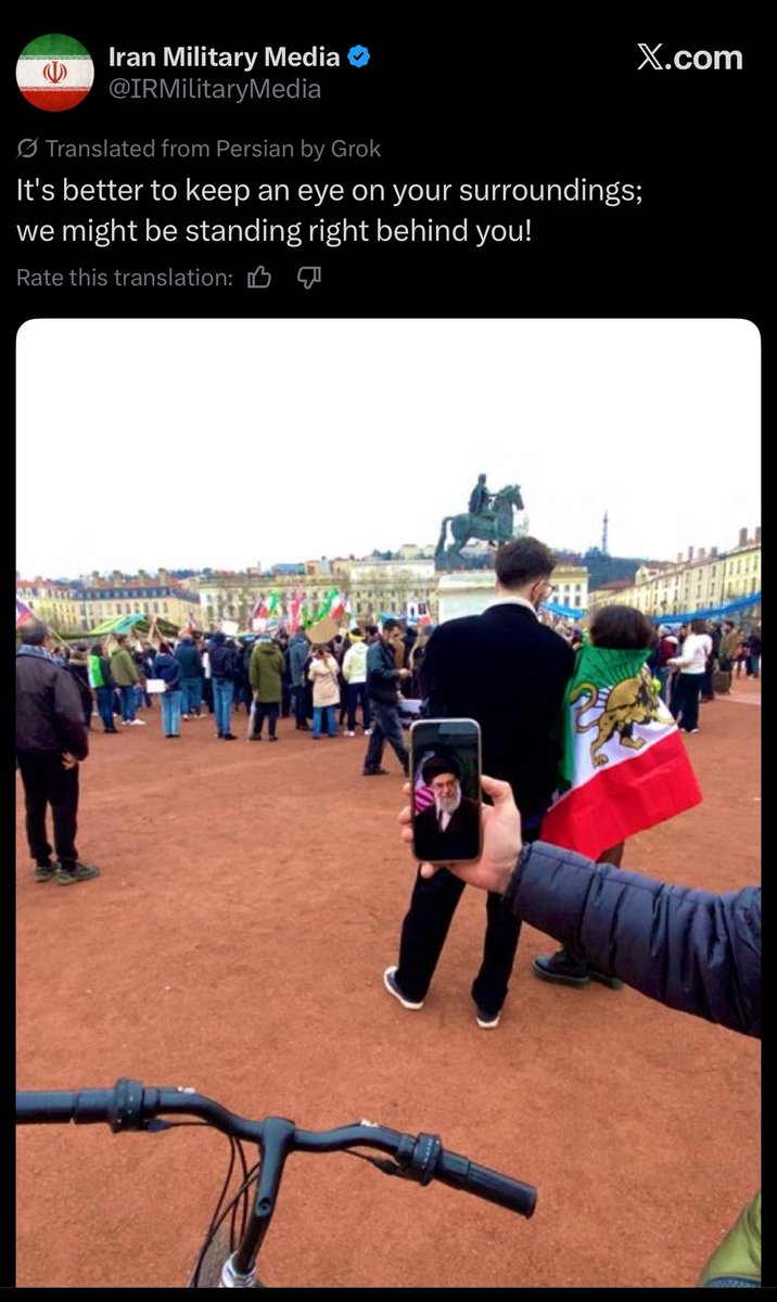 persianjewess's tweet photo. The Islamic Regime is once again threatening foreign citizens on foreign soil….

This photo was taken at a recent ant-Regime rally in France. If you think the Islamic Regime isn’t a threat to the West, think again. https://t.co/HlKbpuCJJ6