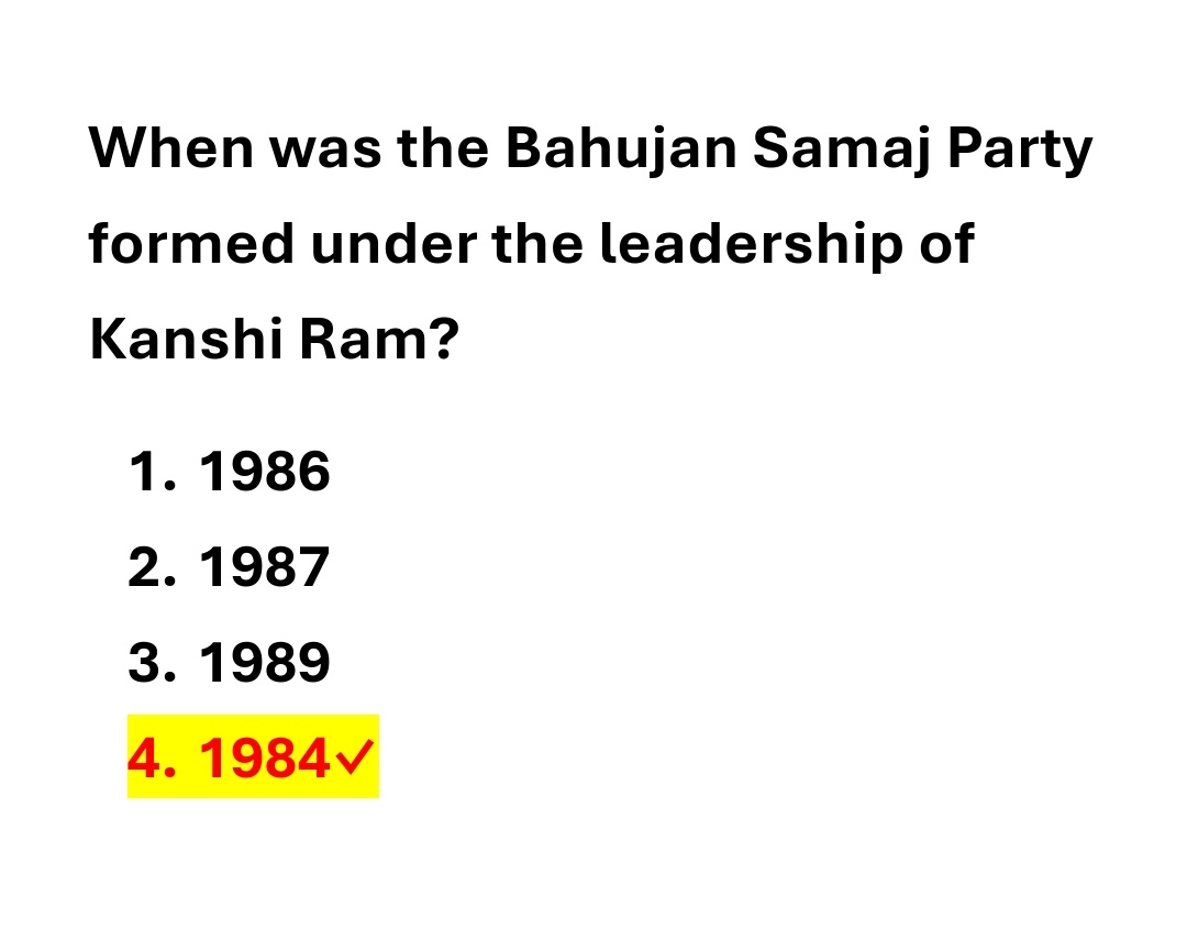 anshupandey870's tweet photo. Quiz 142
Bahujan Samaj Party (BSP), a major Indian political party founded by Kanshi Ram in 1984.
Aiming for social transformation for marginalized communities (SC, ST, OBCs, minorities) and led by Mayawati.
#htetexam
#py 2022