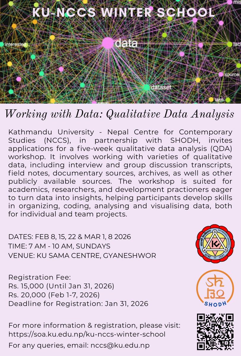 shodh_nepal's tweet photo. As part of our research training series, we are excited to announce the call for a workshop on 'Working with Data - Qualitative Data Analysis' in collaboration with Kathmandu University-NCCS. Limited Seats.  
Details and Registrations here - https://t.co/bxMDsASO71 https://t.co/WiZGQZMq8m