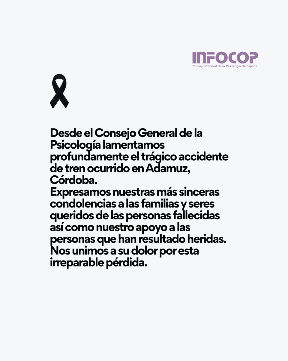 Un equipo de profesionales de la #Psicología, miembros del Grupo de Intervención Psicológica en #Emergencias y #Desastres (GIPED) del <a href="/COP_AO/">Ψ Psicología Andalucía Occidental Colegio Oficial</a> está trabajando con <a href="/E112Andalucia/">EMA 112</a> de <a href="/saludand/">Consejería de Sanidad, Presidencia y Emergencias</a> desde ayer para atender a las personas afectadas en este lamentable #accidenteferroviario.