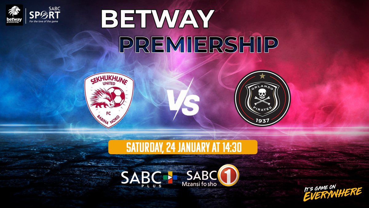 SABC_Sport's tweet photo. โฝ #BetwayPrem |
๐ฅ More football action, catch Sekhukhune battle it out with Pirates!! โฝ
๐
Sat, 24 Jan | โฐ 14:30
๐บ SABC 1 (Not available on OVHD)
๐ป Stream on https://t.co/26PdrPrnVE
#SABCSport #ItsGameOnEverywhere #OrlandoPirates #SekhukhuneUnited https://t.co/y9TeJG8JP2
