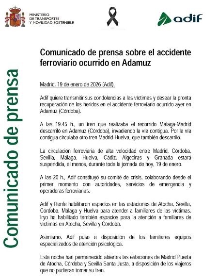 Adif_es's tweet image. Transmitimos nuestras condolencias y deseamos la pronta recuperación de los heridos en el accidente ferroviario ocurrido ayer en Adamuz (Córdoba).

Comunicado oficial: bit.ly/4jMclFF 👇