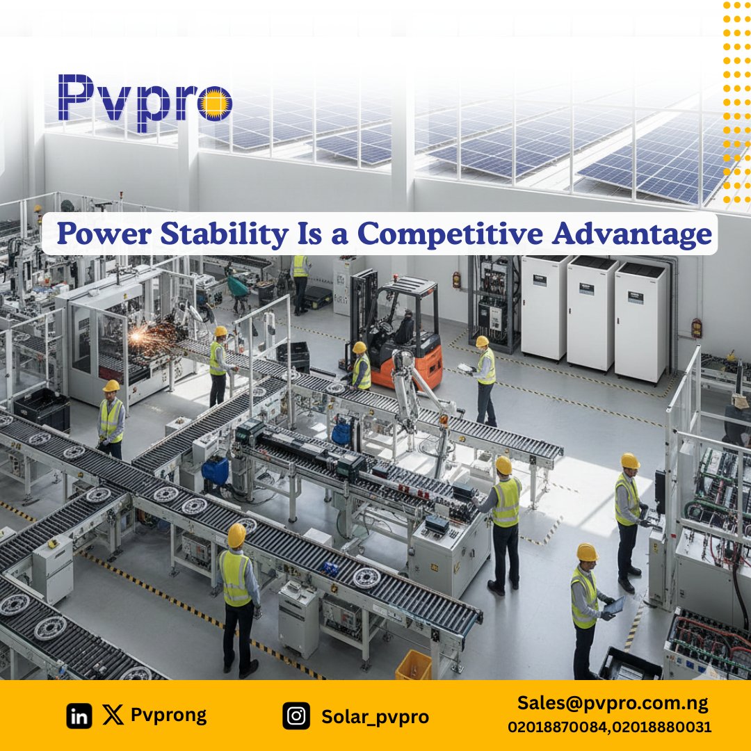 pvprocomng's tweet photo. Every power outage costs your business money — lost productivity, damaged equipment, missed deadlines.

In 2026, smart businesses choose energy stability, not excuses.

PVPRO designs solar solutions that cut operating costs and keep operations running

#PVPRO #NicolasMaduro Aamat https://t.co/EjKvJQkGtU
