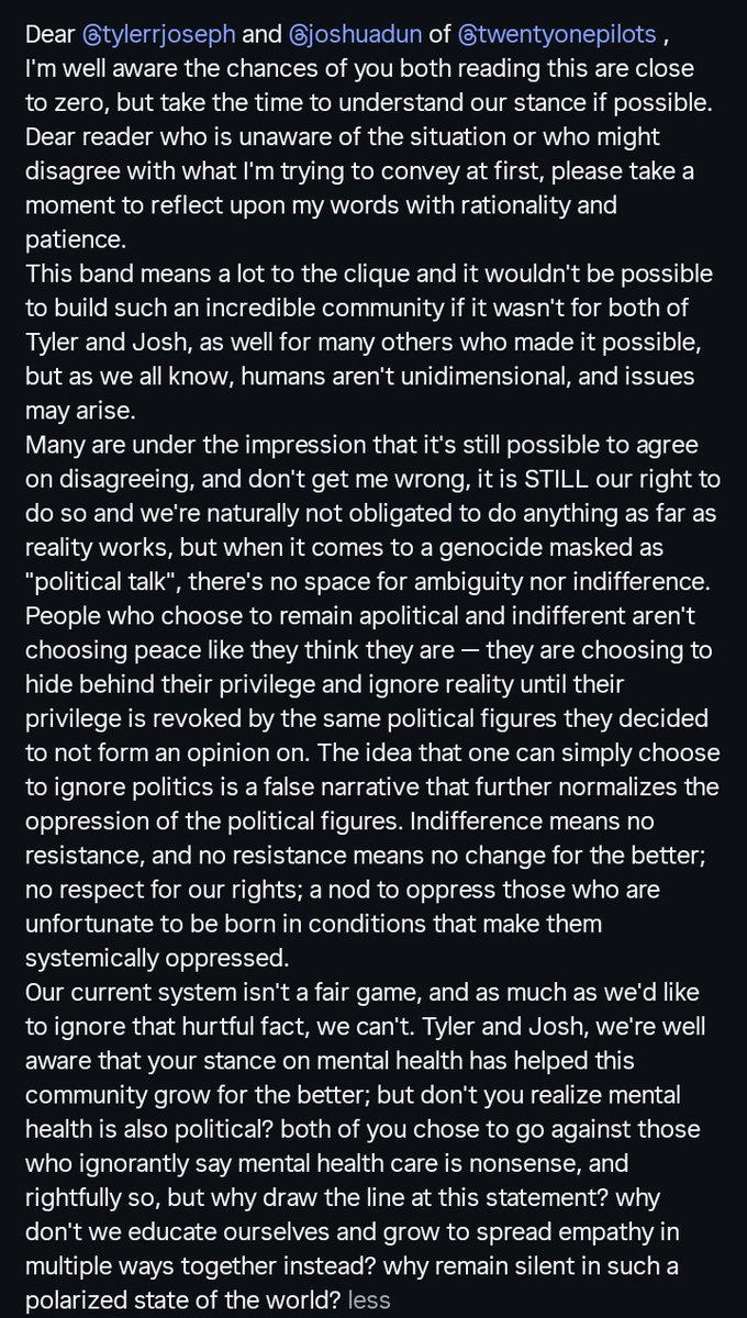its_0kei's tweet photo. to @tylerrjoseph @joshuadun @twentyonepilots and to anyone who may be concerned with what's going on in the clique right now. share this around.

→ see @CliqueProtests for more information and resources
#quietisviolent #clikkiesforpalestine https://t.co/wF74WvxkX8