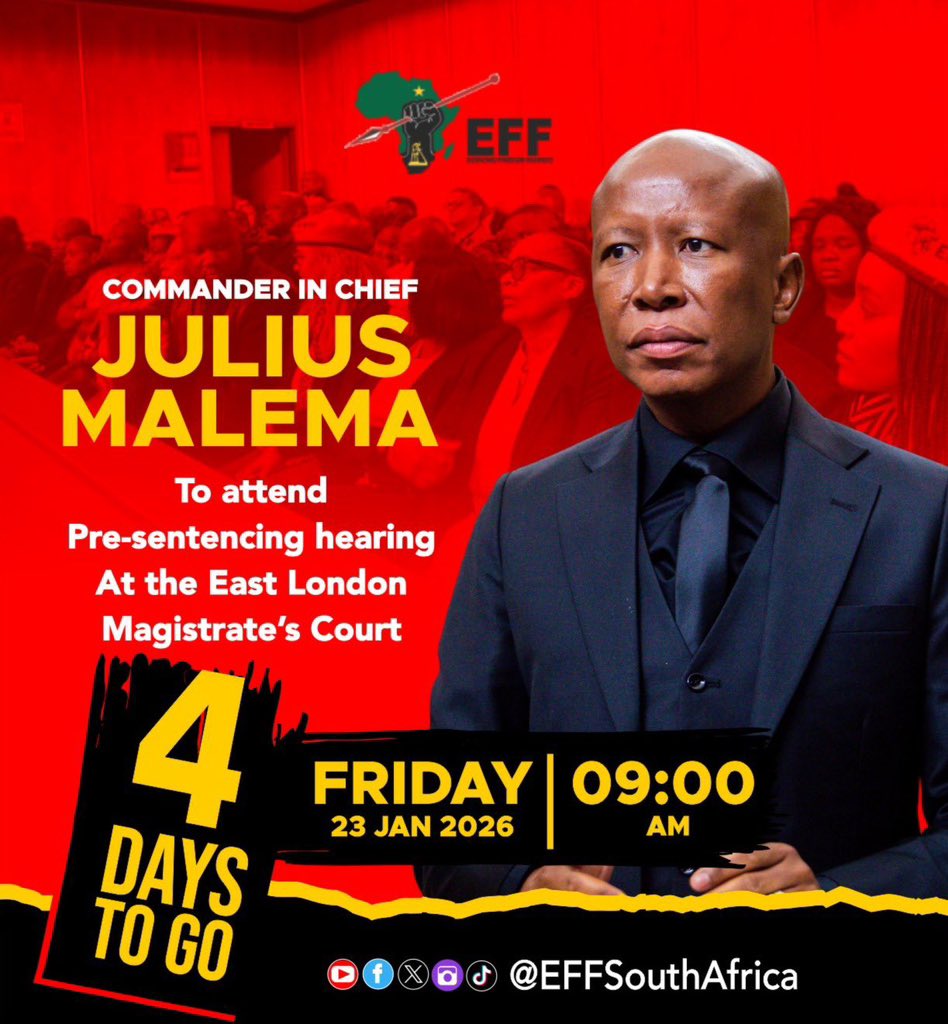 ♦️04 Days To Go ♦️

The President and Commander-in-Chief, <a href="/Julius_S_Malema/">Julius Sello Malema</a>, will attend the pre-sentencing hearing regarding the politically motivated allegation of the discharge of a firearm at the EFF 5th Anniversary Celebration. 

The hearing will take place at the East London