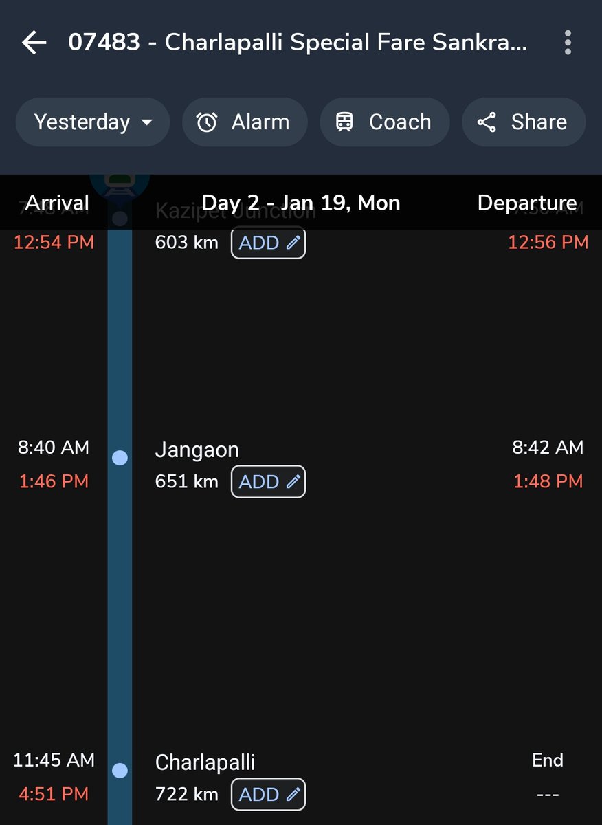 ramsabvp's tweet photo. @SCRailwayIndia @AshwiniVaishnaw @RailMinIndia  
sir wt hapend to the train we r traveling on?
The train that was suposd to ariv at 11:45am is now runing at 4:50pm.
A delay of 30mns or 1hr is ok, bt wt is the reason for runing it 5 hours late? Is this wt a special train means? https://t.co/mA4oecgQT3