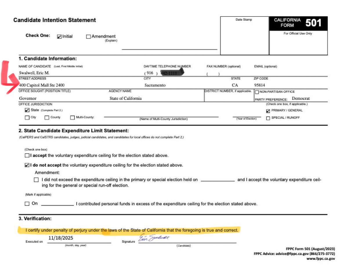 Eric Swalwell used his attorney's address as his HOME address on the Candidate Intention Statement.

He signed under penalty of PERJURY. 

Not only should he be forced to withdraw, but he should face charges.