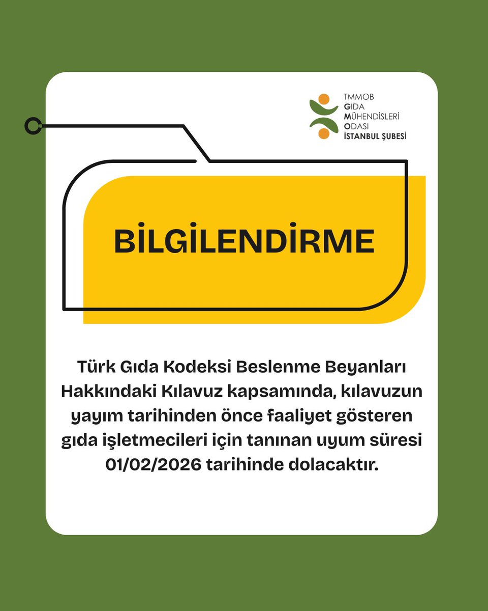 Türk Gıda Kodeksi Beslenme Beyanları Hakkındaki Kılavuz kapsamında, kılavuzun yayım tarihinden önce faaliyet gösteren gıda işletmecileri için tanınan uyum süresi 01/02/2026 tarihinde dolacaktır.

Kılavuz için⤵️
🔗tarimorman.gov.tr/Konu/2255/TGK/…