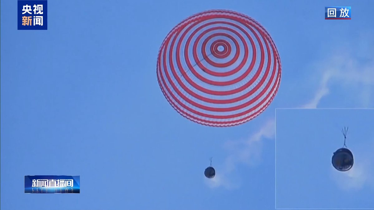 TopNews616's tweet photo. Shenzhou-20 returns safely at 9:34! 270 days in orbit, fully verifying 9-month docking capability—mission complete.Shenzhou-20 is an important step in China's space journey! #AmazingChina https://t.co/sJojmGXGFl