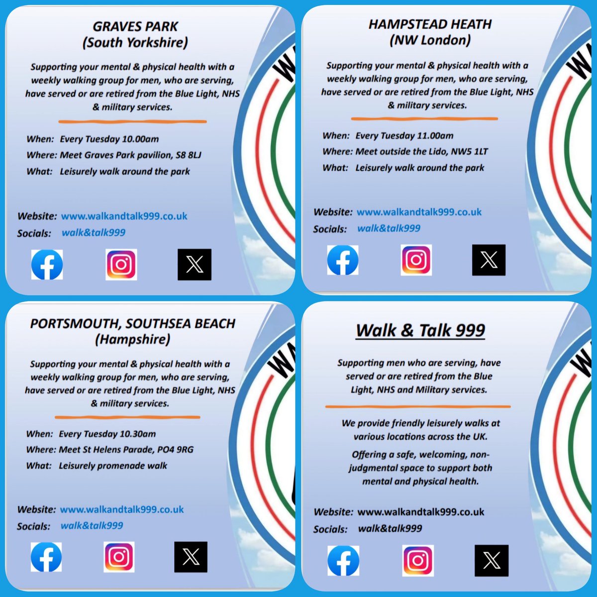 WalkandTalk999's tweet photo. 6 Tues walks – more across the week! 

Open to all men who are serving,  served or retired in the Blue Light, NHS, or Military services.

Beckenham/Crawley/Sheffield/Portsmouth/ hampstead Heath / Dorset 

 Find a walk near you https://t.co/gpocDUwC63 https://t.co/mLGDWQW3G1