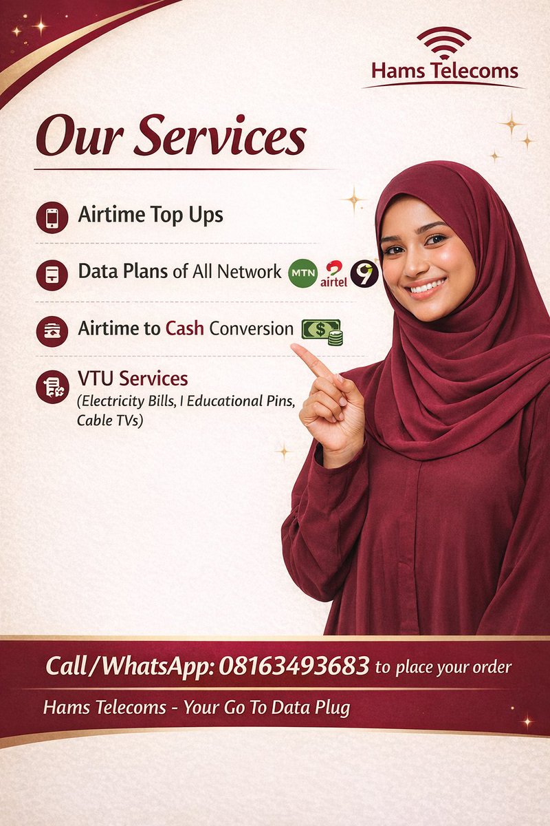 meedah2000's tweet photo. Your one-stop plug for everything telecom πΆ
Airtime β’ Data β’ Airtime-to-Cash β’ VTU Services
Fast, reliable, and stress-free.
π Call/WhatsApp: 08163493683
Hams Telecoms β Your Go-To Data Plug
.
.
.
#HamsTelecoms #DataPlug #VTUServices #AirtimeToCash #ReliableVendor https://t.co/8lQLRwSCVT