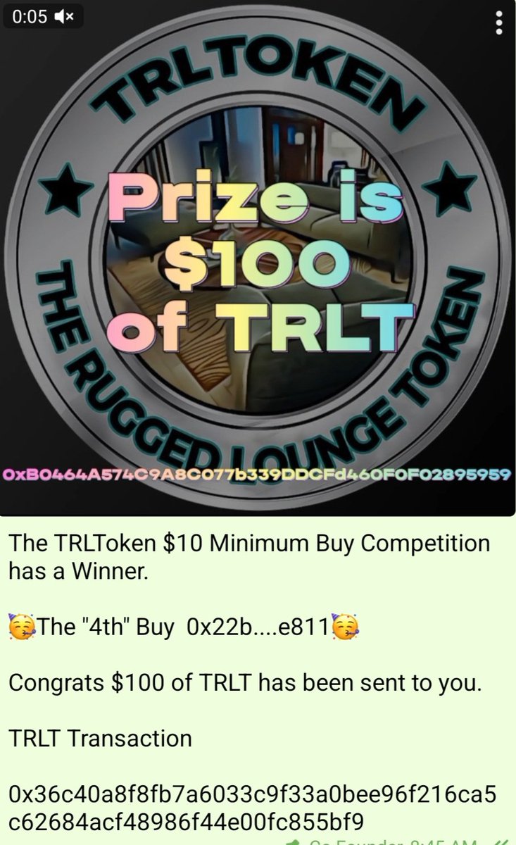 The TRLToken $10 Minimum Buy Competition has a Winner. The 4th Buy was the lucky one chosen by the Google Random Number Generator. 

Our next $10 Minimum Buy Competition has already Started. With 60 Buys to go before a winner is chosen. Prize is $100 of TRLT

#TRLT #BNB